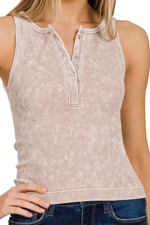 Summer Fun Ash Mocha Washed Button-Up Ribbed Tank