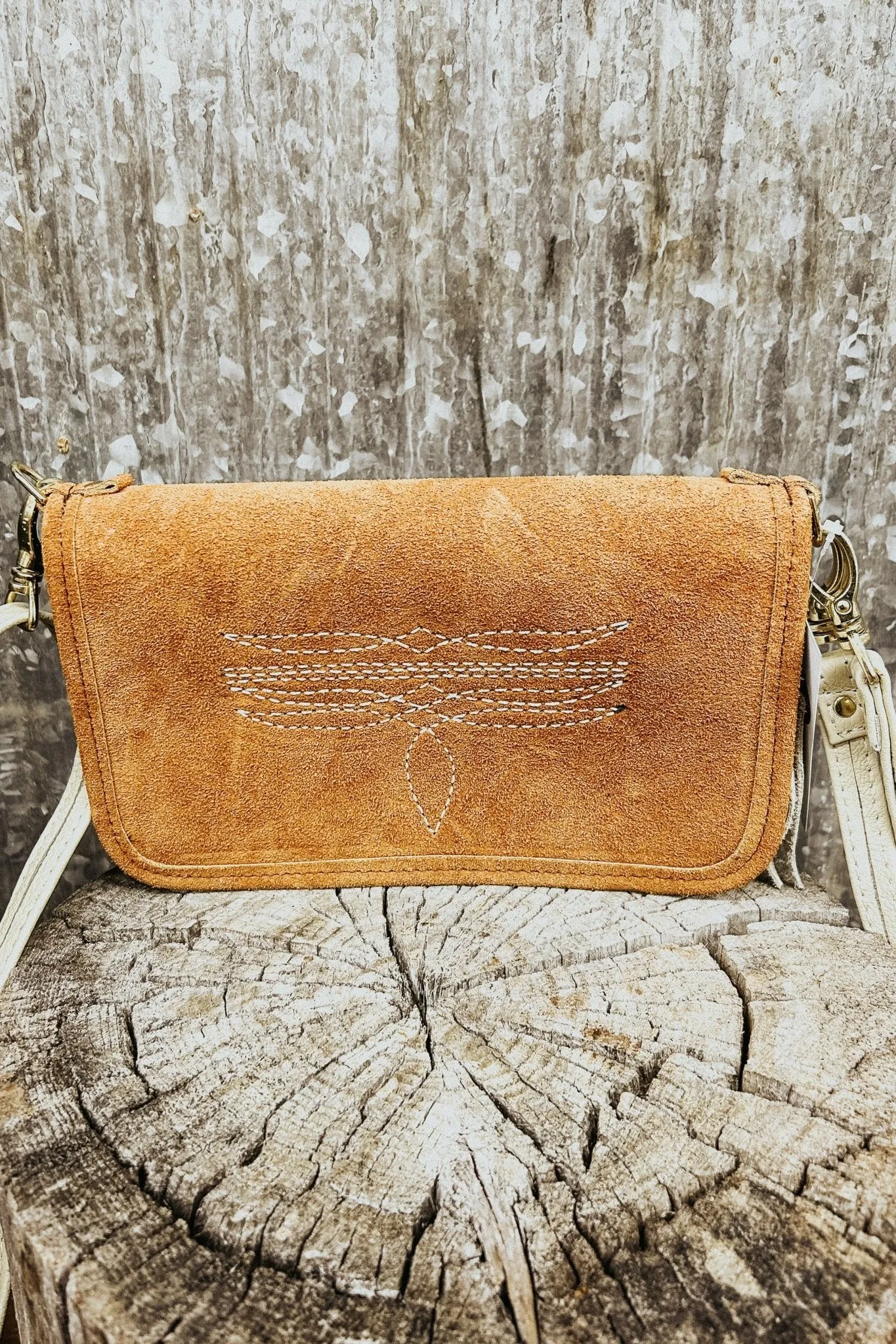 Toast Suede Clutch Organizer with White Bootstitch