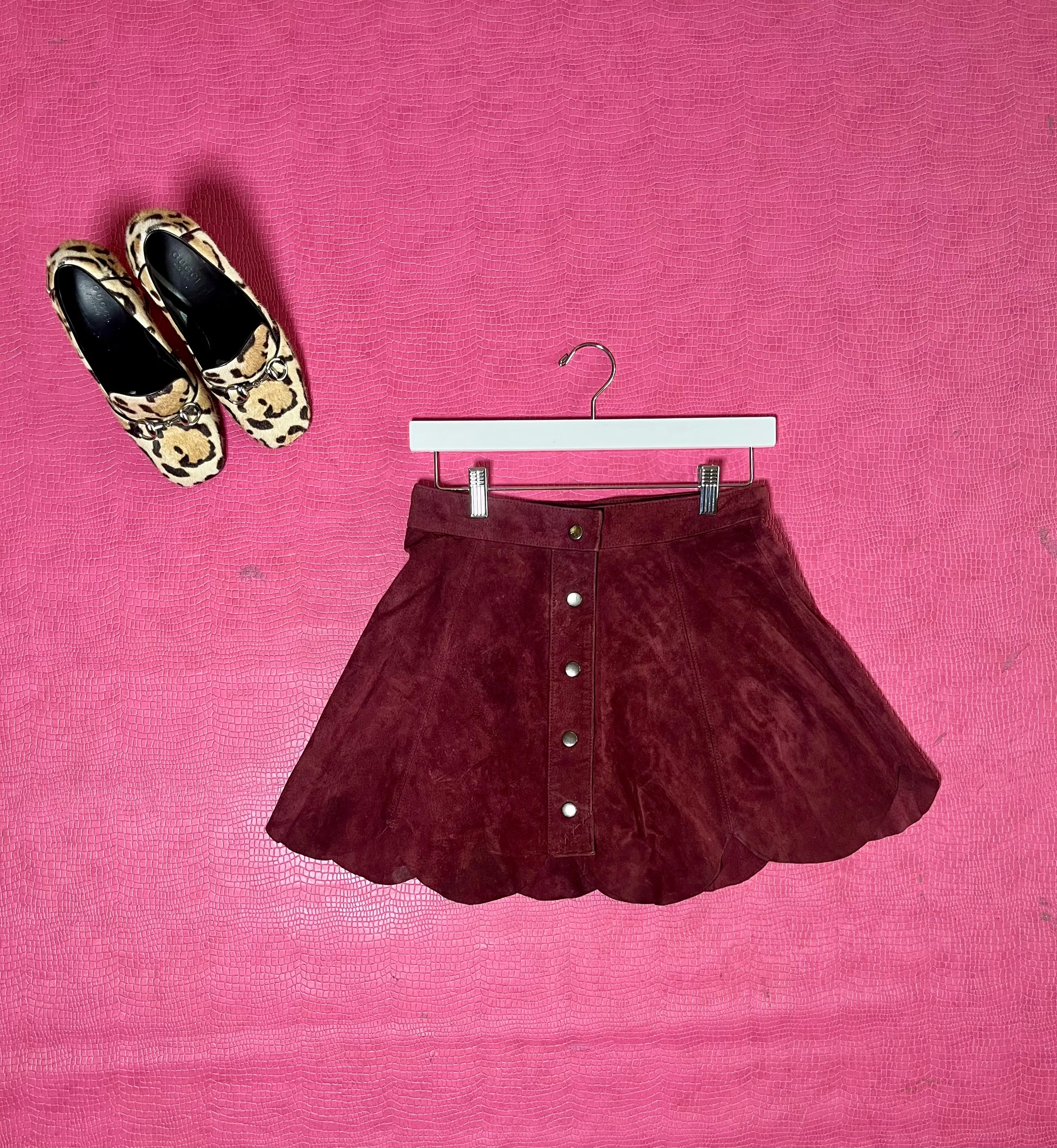 Vintage 60s 70s Burgundy Suede Mini Skirt - Best Fits Size XS-S