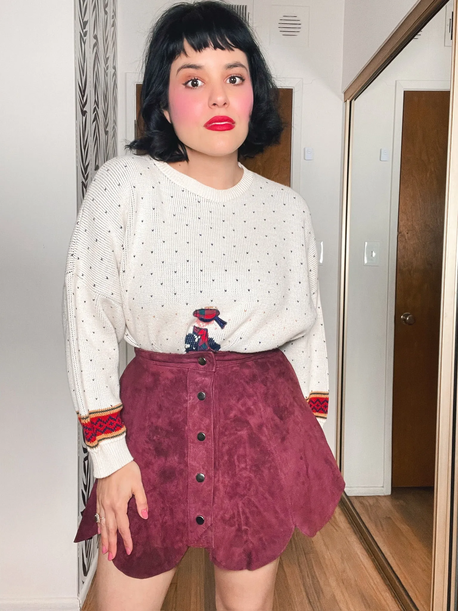 Vintage 60s 70s Burgundy Suede Mini Skirt - Best Fits Size XS-S
