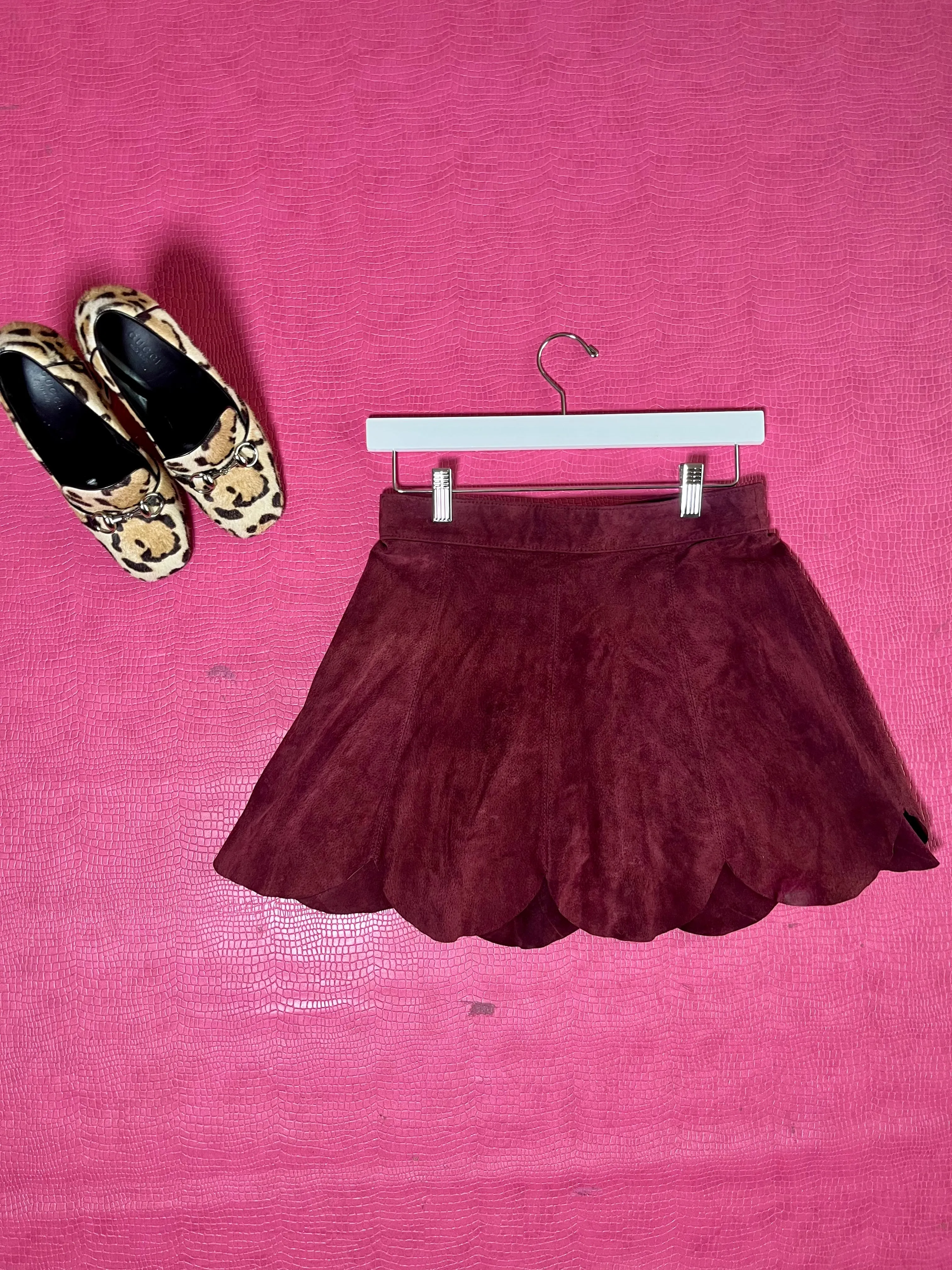 Vintage 60s 70s Burgundy Suede Mini Skirt - Best Fits Size XS-S