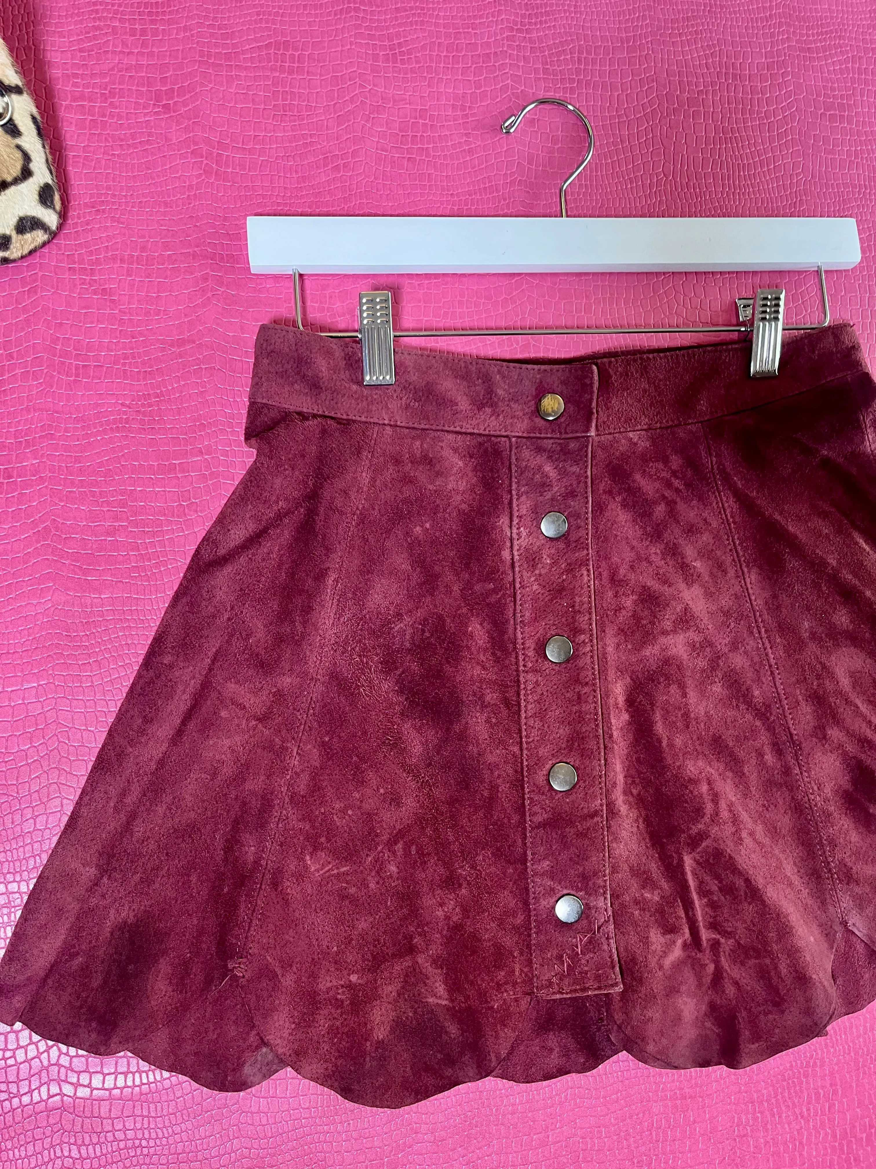 Vintage 60s 70s Burgundy Suede Mini Skirt - Best Fits Size XS-S