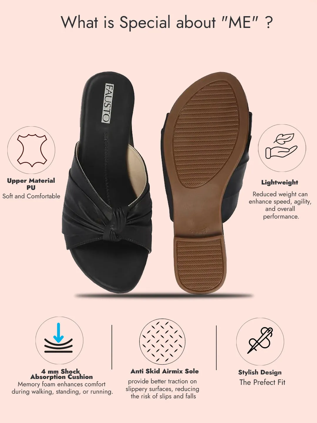 Women Black Bow Design Open Toe Slip On Flats Slippers